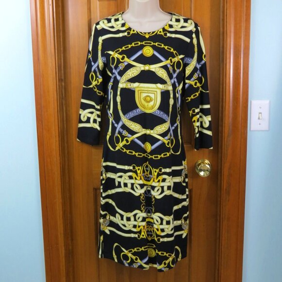 J McLaughlin Sheath Dress Knit Black/Gold 3/4 Sleeve Size Small - Picture 1 of 6